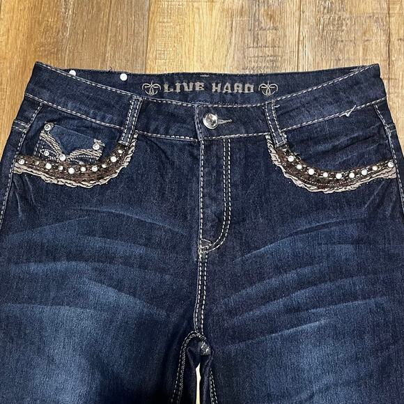 Live Hard Womens Bling Embellished Bootcut Jeans Sz 10 32x30 Cowboy Western Boho - Picture 2 of 11
